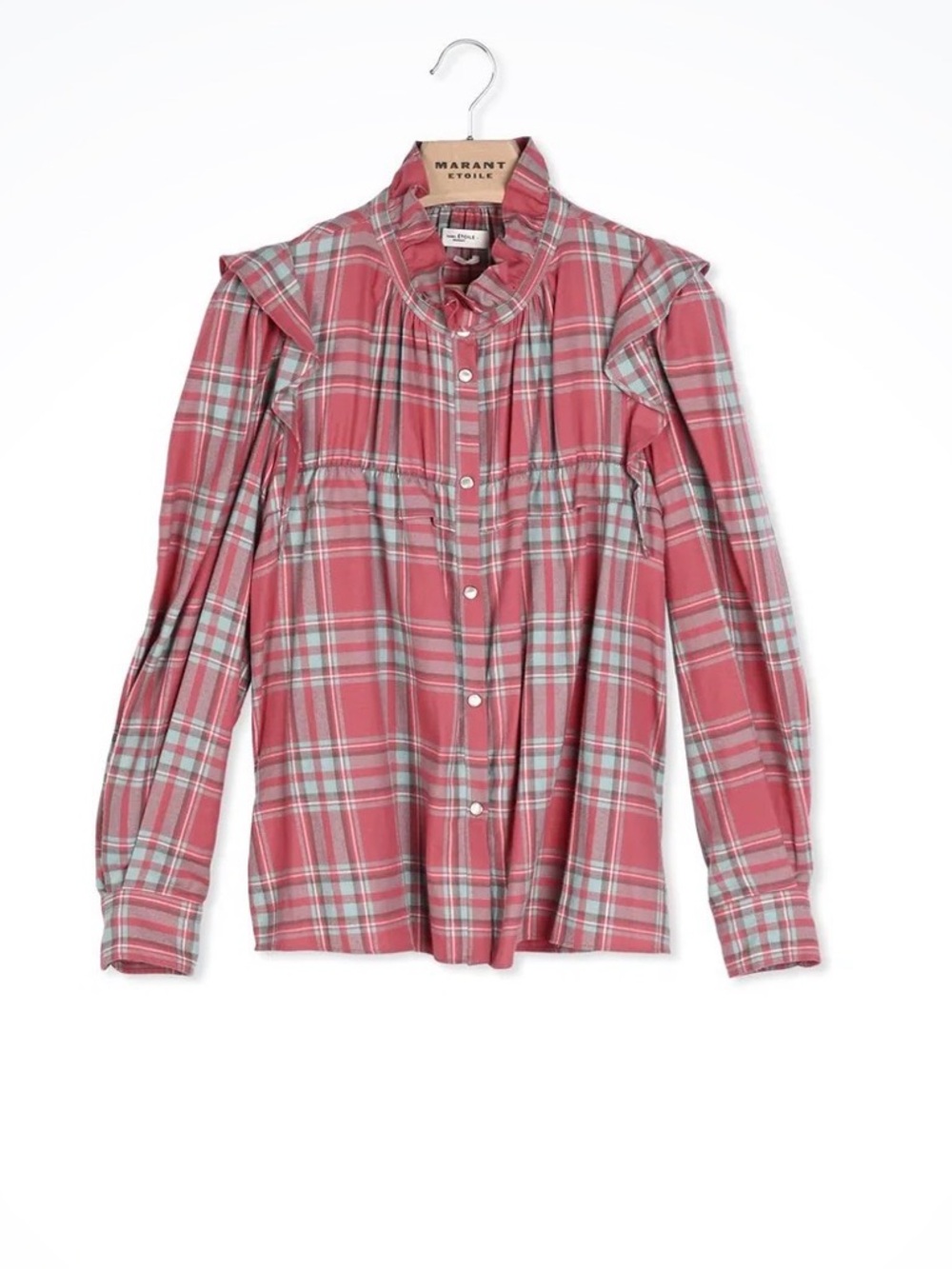Isabel Marant Pink Plaid Ruffle Collar Button-Down Shirt